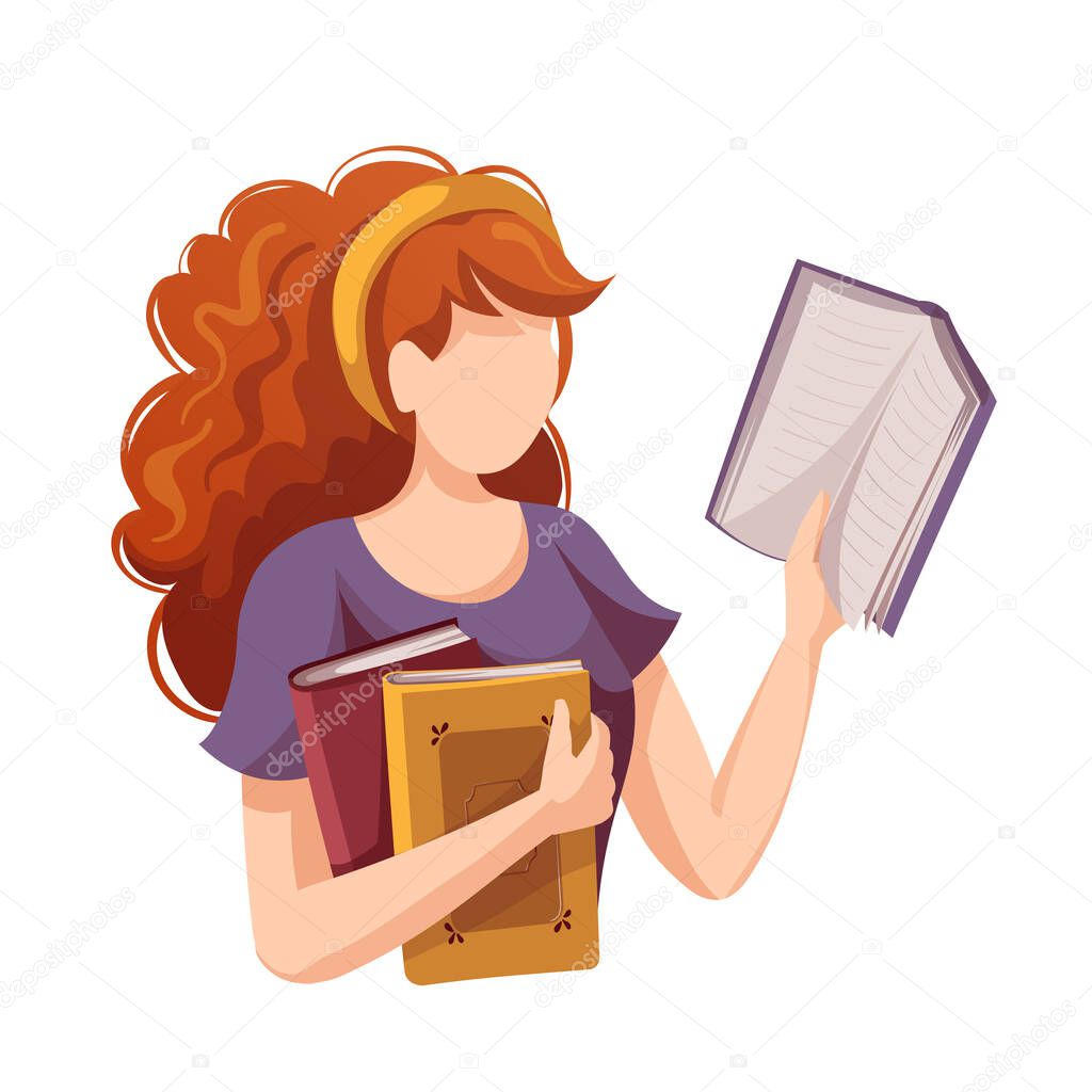 Woman holding and reading books. Bookstore, bookshop, library, book lover, bibliophile, education concept. Isolated vector illustration for poster, banner, advertising.