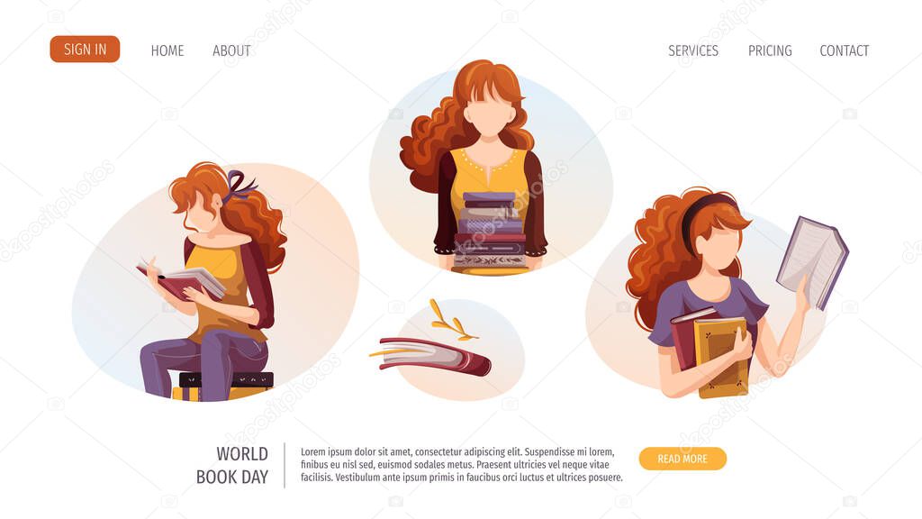 Women with books. Bookstore, bookshop, library, book lover, reading, education concept. Vector illustration for poster, banner, website.