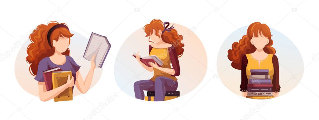 Women with books. Bookstore, bookshop, library, book lover, reading, education concept. Vector illustration for poster, banner, website.