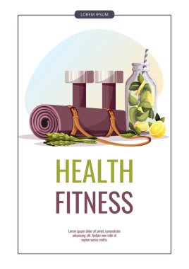 Dambılı bir poster, limonata ve sağlık tertibatlı yoga minderi.