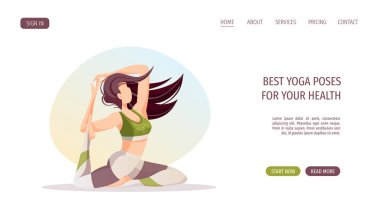 Tuşlu site şablonu, sağlık mektuplarınız için en iyi yoga pozları ve yoga yapan kadın. 