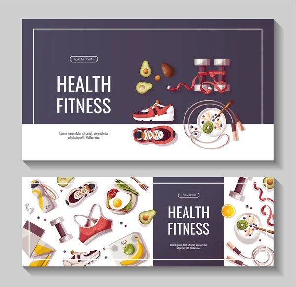 Zwei Banner Designs Set Mit Health Fitness Schriftzügen — Stockvektor