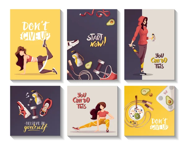 Set Van Motiverende Sport Thema Posters Met Cartoon Vrouwen Benodigdheden — Stockvector