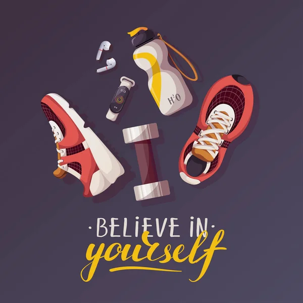 Poster Believe Yourself Lettering Earphones Smart Bracelet Water Bottle Sneakers — Stock Vector