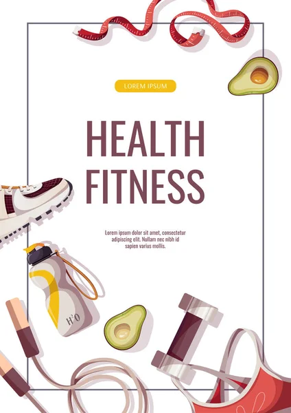 Gesundheitsposter Schriftzug Umgeben Von Avocado Und Sportgeräten — Stockvektor