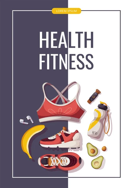 Schwarz Weißes Poster Mit Fitnessartikeln Und Lebensmitteln Health Fitness Schriftzug — Stockvektor