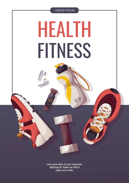 Lettrage Fitness Santé Sur Poster Design Avec Baskets Haltère Bouteille — Image vectorielle