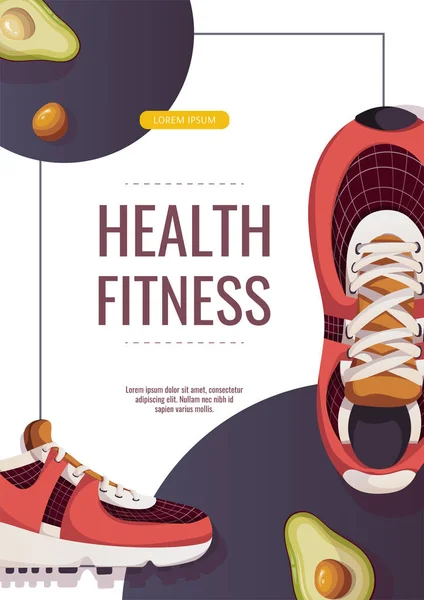 Spor Ayakkabıları Avokado Yarımları Ile Poster Şablonu Sağlık Uygunluğu Harfleri — Stok Vektör