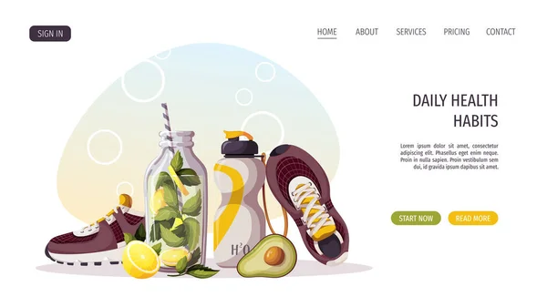 Gezondheid Sport Thema Site Template Limonade Fruit Sneakers Water Fles — Stockvector