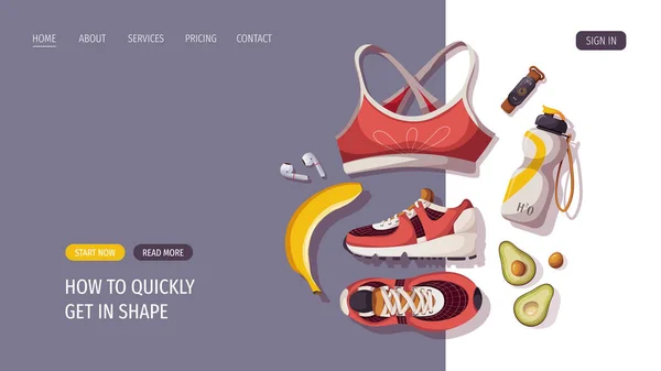 Sport Info Cita Page Design Con Attrezzature Allenamento Cibo — Vettoriale Stock