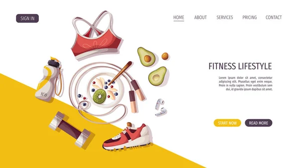 Page Site Remise Forme Avec Illustration Haut Chaussure Sport Nourriture — Image vectorielle