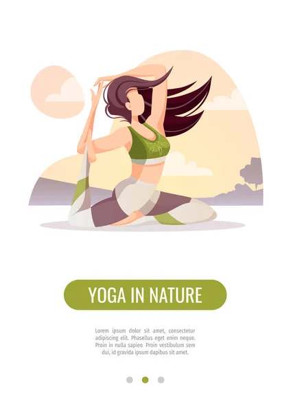 ヨガアプリのページのデザインは自然界でヨガをしている女性のイラストです — ストックベクタ