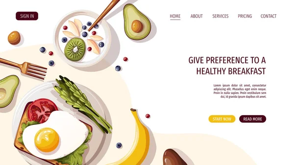 Web Pagina Ontwerp Met Gezonde Yoghurt Fruit Toast Knoppen — Stockvector