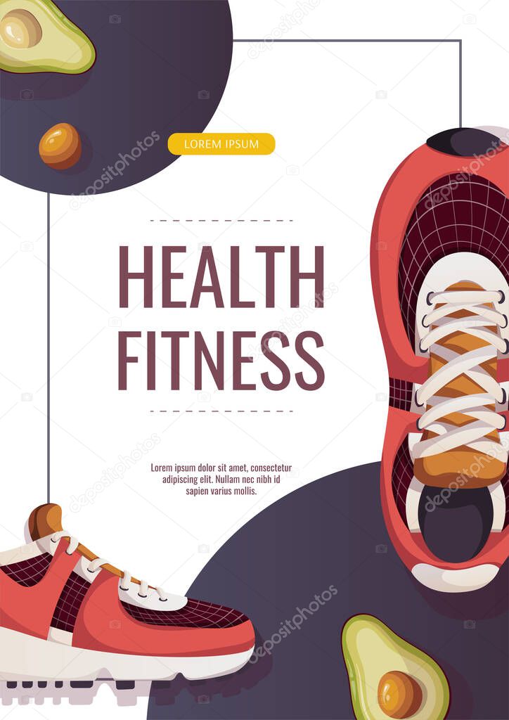 poster template with sneakers and avocado halves, health fitness lettering