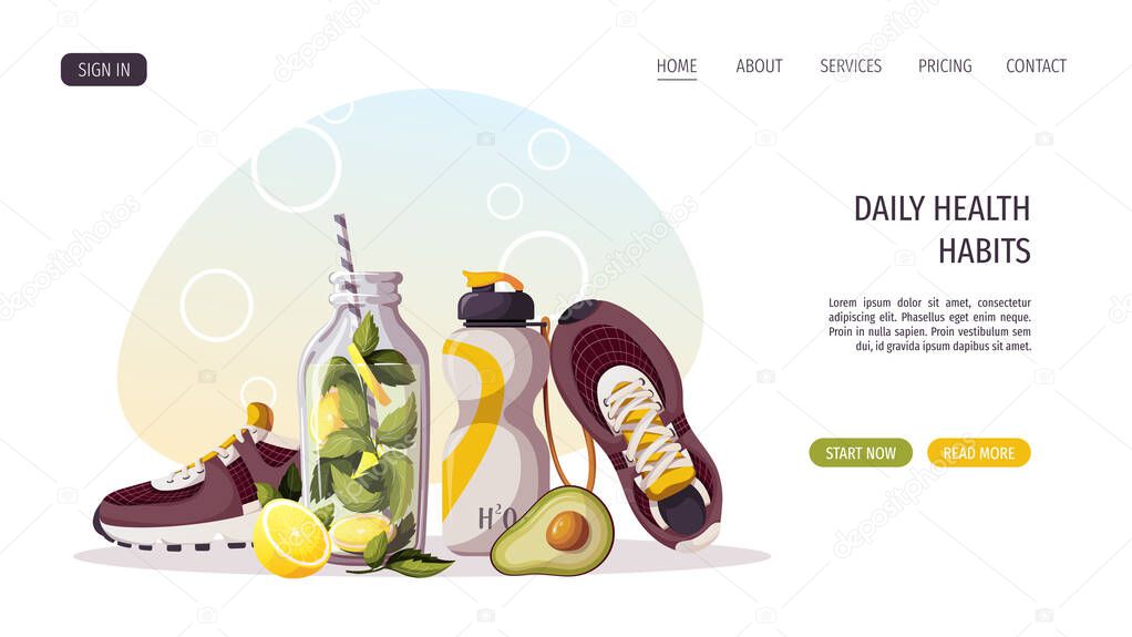 health and sport theme site template, lemonade, fruit, sneakers and water bottle