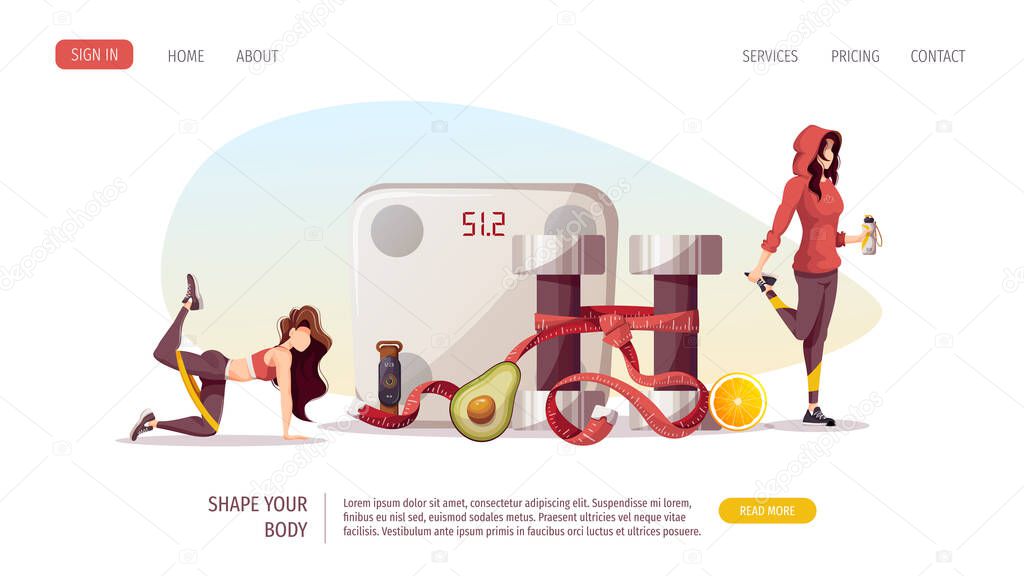 Dumbbells with measuring tape, fruit, fitness bracelet, weights and exercising women on web page template