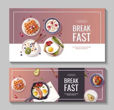Lezzetli kahvaltı afişi şablonu, vektör illüstrasyonu