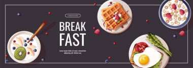Lezzetli kahvaltı afişi şablonu, vektör illüstrasyonu