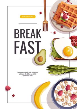 Sağlıklı kahvaltı, taze yemek konsepti. Pankart, web sitesi, poster için vektör illüstrasyonu.