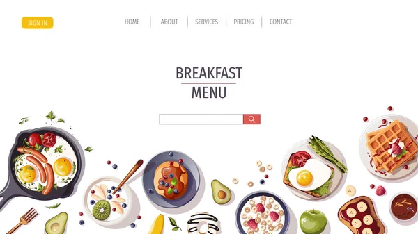 Ontbijt Website Ontwerp Template Vector Illustratie — Stockvector