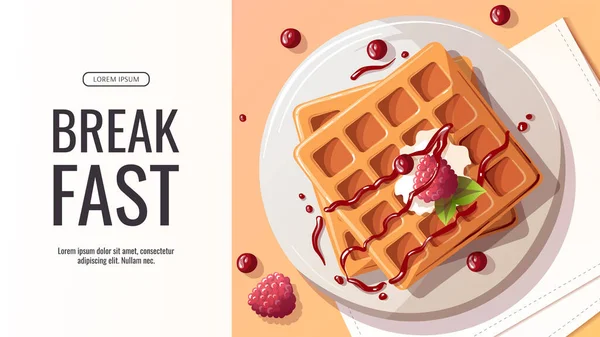 Belgische Waffeln Mit Beeren Auf Dem Teller — Stockvektor