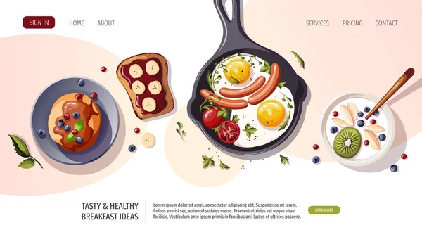 Pan Scrambled Eggs Sausages Pancakes Yogurt Fruits Toast Vector Illustration — Stock Vector