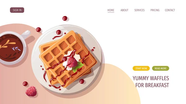 Belgische Waffeln Mit Beeren Und Tee Vektor Illustration Für Banner — Stockvektor