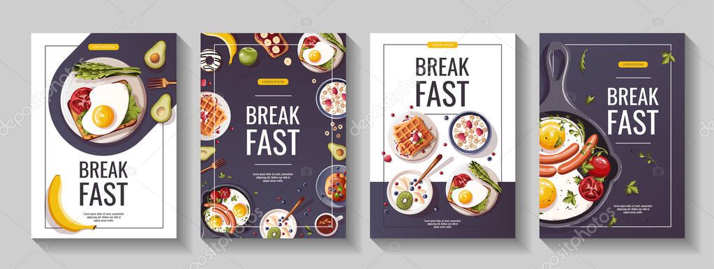 Set of promo flyers for Healthy eating, nutrition, cooking, breakfast menu, fresh food, dessert, diet, pastry, cuisine.