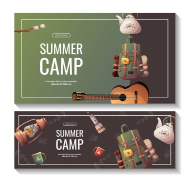 Yaz kampı, seyahat, gezi, yürüyüş, kamp, doğa, yolculuk, piknik için reklam broşürleri. Poster, afiş, broşür, kapak, özel teklif, reklam için A4 vektör illüstrasyonu.