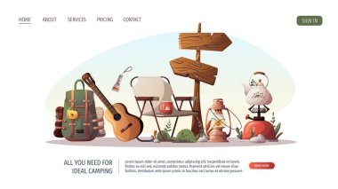 Campsite with tent, backpack, gas-burner, tourist chair, signpost, kerosene lamp. Camping, traveling, trip, hiking, camper, nature, journey concept. Vector illustration for poster, banner, website.