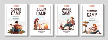 Yaz kampı, seyahat, gezi, yürüyüş, kamp, doğa, yolculuk, piknik için reklam broşürleri. Poster, afiş, broşür, kapak, özel teklif, reklam için A4 vektör illüstrasyonu.