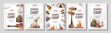 Yaz kampı, seyahat, gezi, yürüyüş, kamp, doğa, yolculuk, piknik için reklam broşürleri. Poster, afiş, broşür, kapak, özel teklif, reklam için A4 vektör illüstrasyonu.