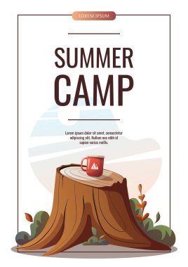 Stump with cup. Camping, traveling, trip, hiking, camper, nature, journey, picnic, campsite concept. Isolated vector illustration for poster, banner, cover, card.