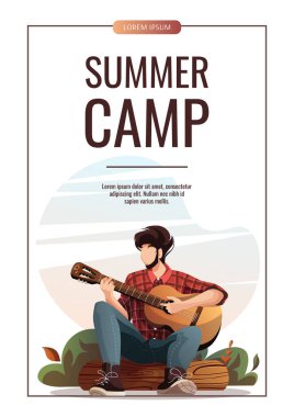 Gitarlı bir adam ormanda kamp ateşinin yanında oturuyor. Yaz kampı, seyahat, gezi, yürüyüş, kamp, doğa, yolculuk konsepti. Poster, afiş, kart, kartpostal, kapak için vektör illüstrasyonu.
