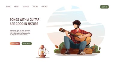Man with guitar sitting on a log in nature. Summertime camping, traveling, trip, hiking, camper, nature, journey concept. Vector illustration for poster, banner, website.