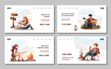 Yaz kampı, seyahat, gezi, yürüyüş, kamp, doğa, yolculuk, piknik için reklam broşürleri. Poster, afiş, broşür, kapak, özel teklif, reklam için A4 vektör illüstrasyonu.