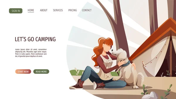 自然の中で座っているレトリバー犬と女性 夏のキャンプ ペット 犬の散歩のコンセプト ポスター バナー ウェブサイトのベクトルイラスト — ストックベクタ
