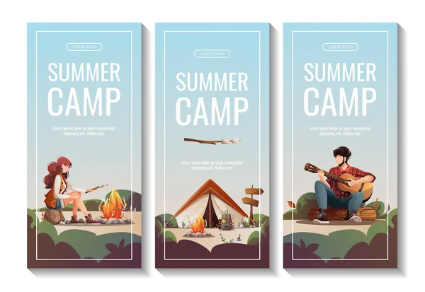 Ein Satz Werbeflyer Für Den Sommer Zelten Reisen Reisen Wandern — Stockvektor