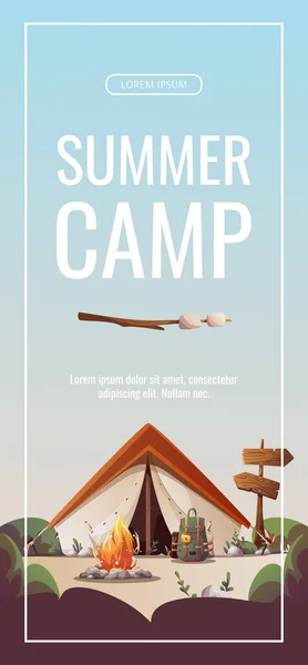テント キャンプファイヤー バックパック ガスバーナー 森の中の犬とキャンプ場 キャンプ ハイキング 旅のコンセプトのためのカードデザイン ポスター バナー — ストックベクタ