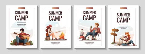 Set Promo Flyers Summer Camping Traveling Trip Hiking Camper Nature — Stock Vector