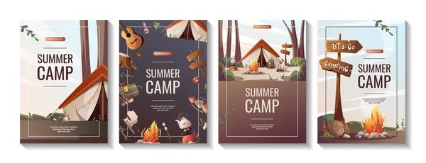 Set Promo Flyers Summer Camping Traveling Trip Hiking Camper Nature — Stock Vector