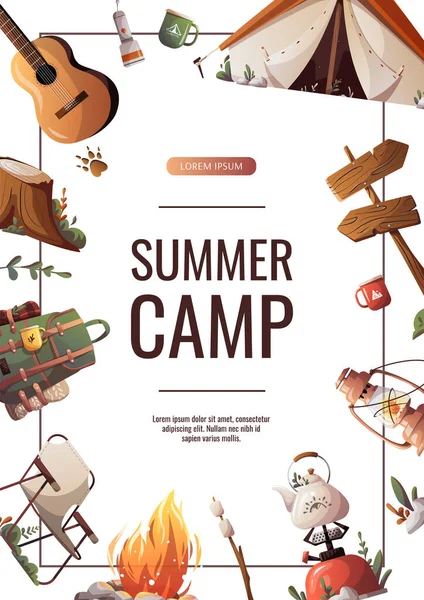 テント キャンプファイヤー バックパック ギター ランプ ガスバーナー スタンプ キャンプ ハイキング キャンパー — ストックベクタ