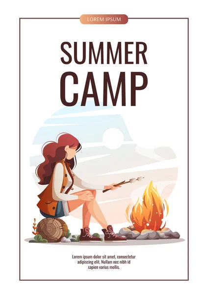 Woman Sitting Campfire Roasting Marshmallows Summertime Camping Traveling Trip Hiking — Vector de stock