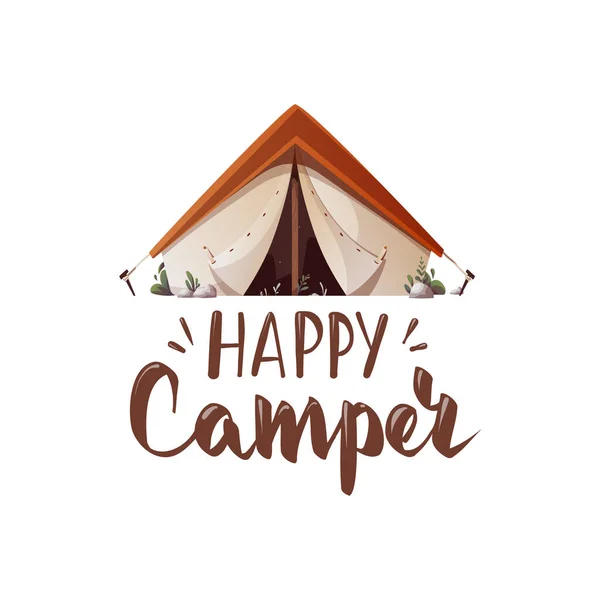 Glückliche Camper Handgezeichnete Vermietung Mit Zelt Auf Weißem Hintergrund Zelten — Stockvektor