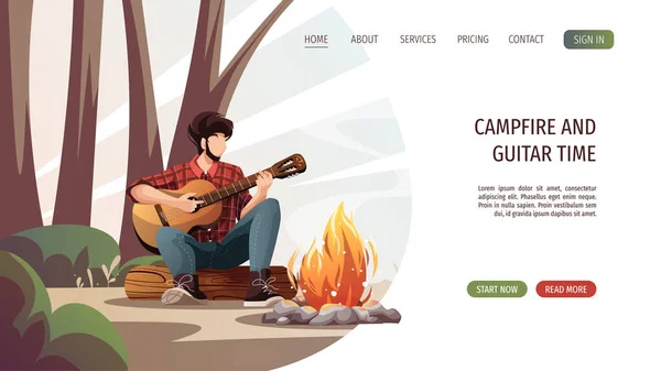 Hombre Con Guitarra Sentado Junto Una Fogata Bosque Camping Verano — Vector de stock