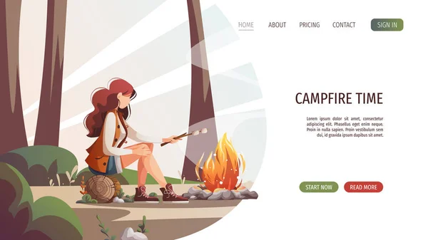 Woman Sitting Campfire Roasting Marshmallows Summertime Camping Traveling Trip Hiking — ストックベクタ