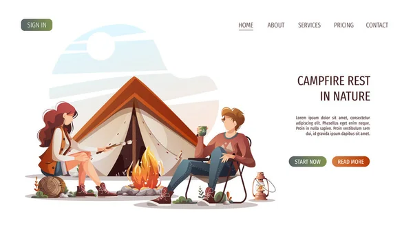 Man Cup Woman Marshmallow Sitting Campfire Summertime Camping Traveling Trip — Archivo Imágenes Vectoriales