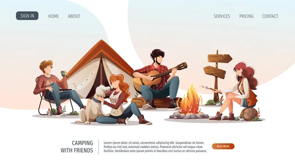 Group People Sitting Campfire Camp Summertime Camping Traveling Trip Hiking — Stock Vector