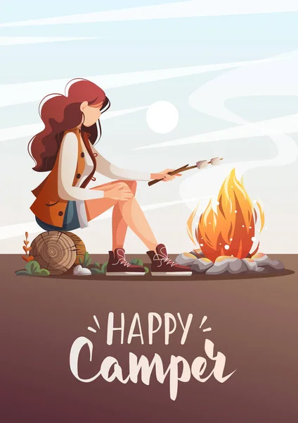 Card Design Woman Sitting Campfire Roasting Marshmallows Summertime Camping Traveling — Stock Vector