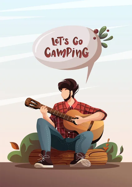 Mann Mit Gitarre Sitzt Auf Einem Baumstamm Der Natur Sommercamping — Stockvektor